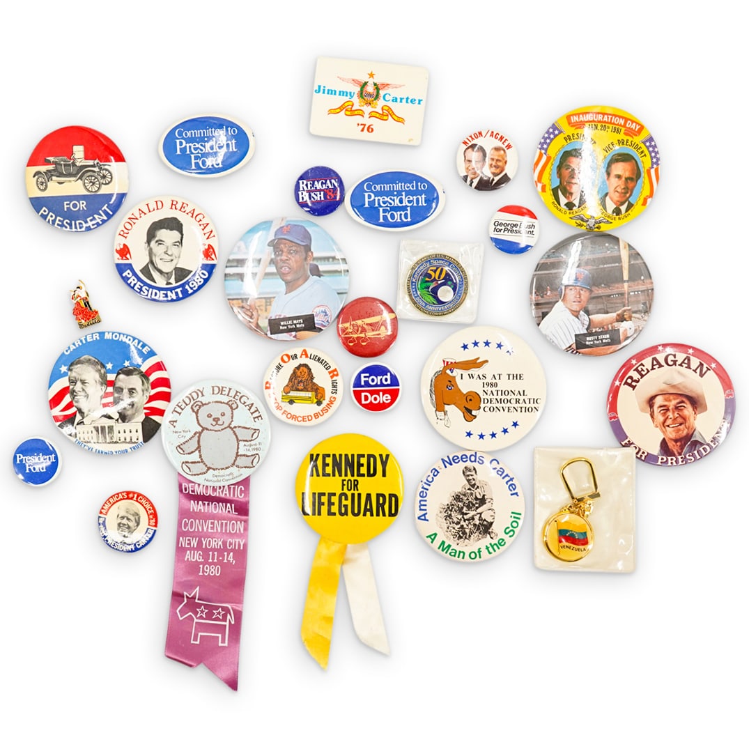 (27 Pc) Political & Other Items: DESCRIPTION: 27 items: (26) Miscellaneous, mostly political, pins or buttons. (1) Keychain. CIRCA: 20th century or later ORIGIN: American and other DIMENSIONS: (Largest) Diameter: 3.5" CONDITION: Mode