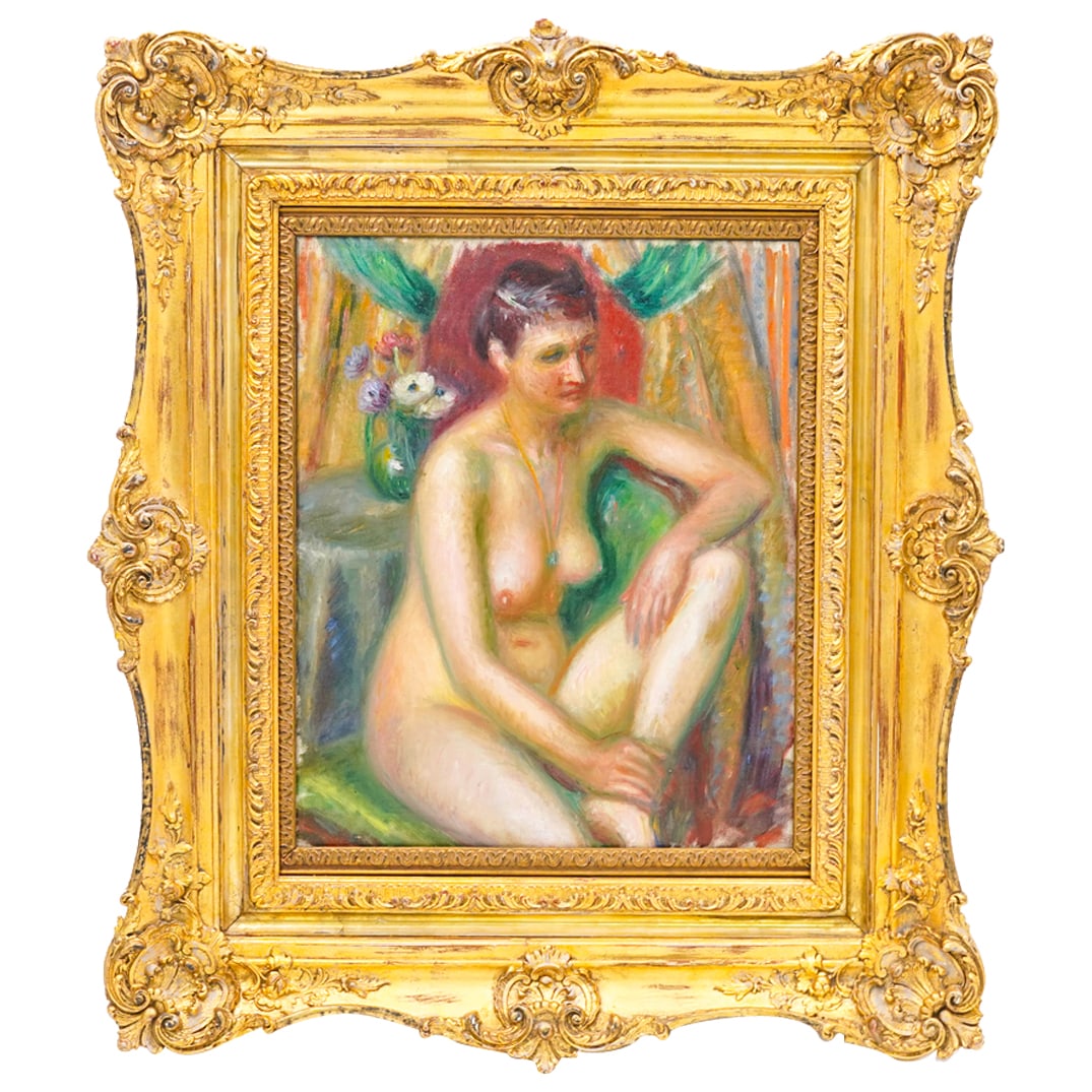 William Glackens (American, 1870-1938) "Nude with Jade Pendant' Oil on Canvas Painting: DESCRIPTION: William Glackens (American, 1870-1938) 'Nude with Jade Pendant' Oil on canvas painting, signed and titled 'W. Glackens Nude with Jade Pendant' (on an old label affixed to the backing) mou