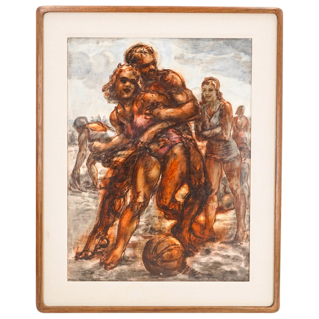 Reginald Marsh (American, 1898-1954) "Men And Women At Play, Coney Island" Tempera On Panel: DESCRIPTION: Tempera on panel painting by Reginald Marsh (American, 1898-1954) depicting a scene of men and women at play on Coney Island. Signed and dated "Reginald Marsh 1938" at lower left. Provena