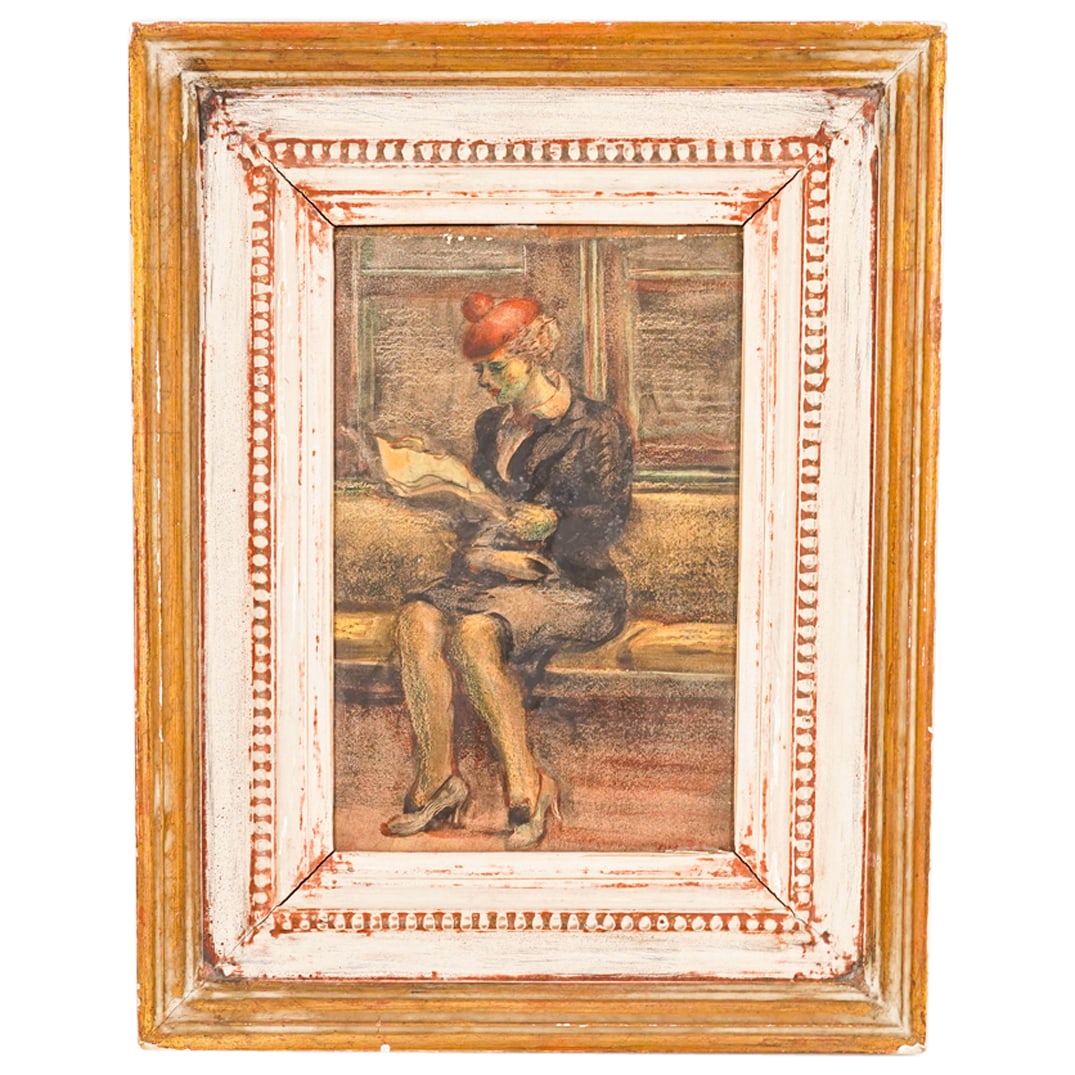 Reginald Marsh (American, 1898-1954) Subway Scene Watercolor: DESCRIPTION: Watercolor on paper laid on panel painting by Reginald Marsh (American, 1898-1954) depicting a woman reading a newspaper on the subway. Signed and dated "RM 38" at lower right. Artist let
