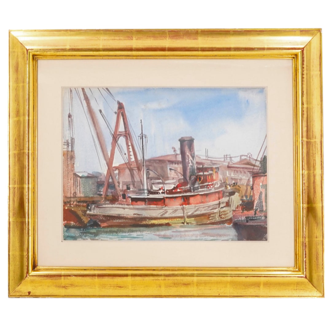 Reginald Marsh (American, 1889-1954) "The Eugene Moran Jr" Watercolor Painting (Double Sided): DESCRIPTION: A watercolor painting by Reginald Marsh depicts the Eugene Moran Jr. docked, signed and dated. Additionally, painted on the verso depicting an elegantly dressed woman. Attached on the ver