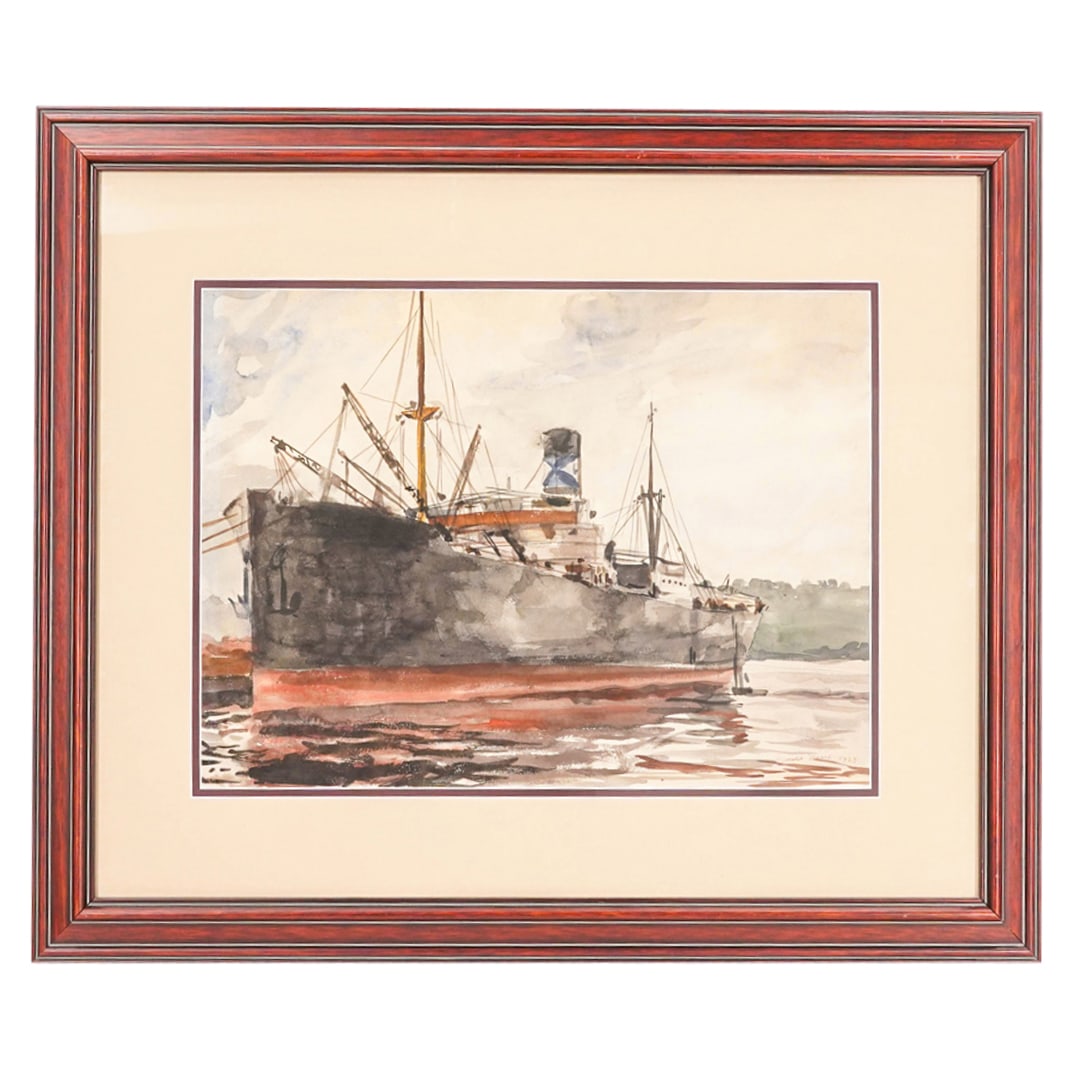 Reginald Marsh (American, 1889-1954) "Trawler" Watercolor Painting: DESCRIPTION: Reginald Marsh watercolor painting titled "Trawler" executed in red, grey, green and brown tones. Signed and dated. CIRCA: 1929 ORIGIN: USA DIMENSIONS: Sight: 13 7/8 x 19 7/8 inches | Ove