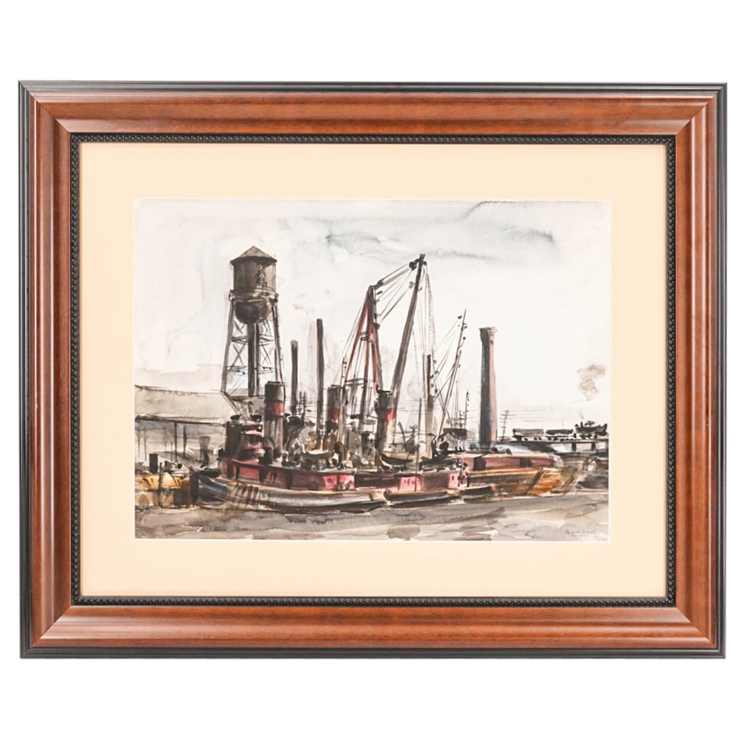 Reginald Marsh (American, 1889-1954) "Tugs" Watercolor Painting: DESCRIPTION: Reginald Marsh (American, 1889-1954) watercolor painting titled "Tugs" depicts a series of boats docked on a gloomy day. Signed and dated. CIRCA: 1934 ORIGIN: USA DIMENSIONS: Sight: 13.5