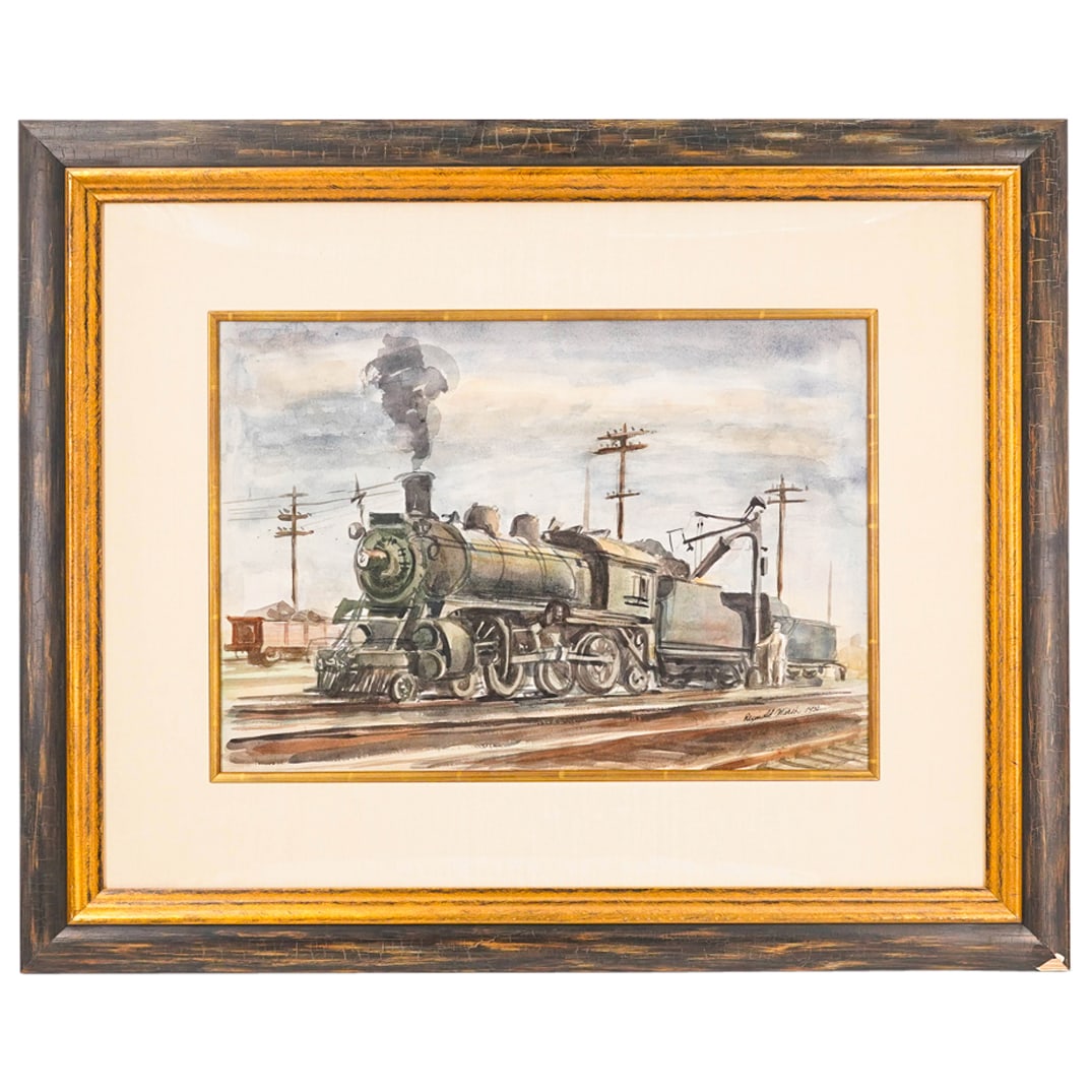 Reginald Marsh (American, 1898-1954) Locomotive Watercolor: DESCRIPTION: Watercolor on paper painting by Reginald Marsh (American, 1898-1954) depicting a train in a yard. Signed and dated "Reginald Marsh 1932" at lower right. CIRCA: 1932 ORIGIN: American DIMEN