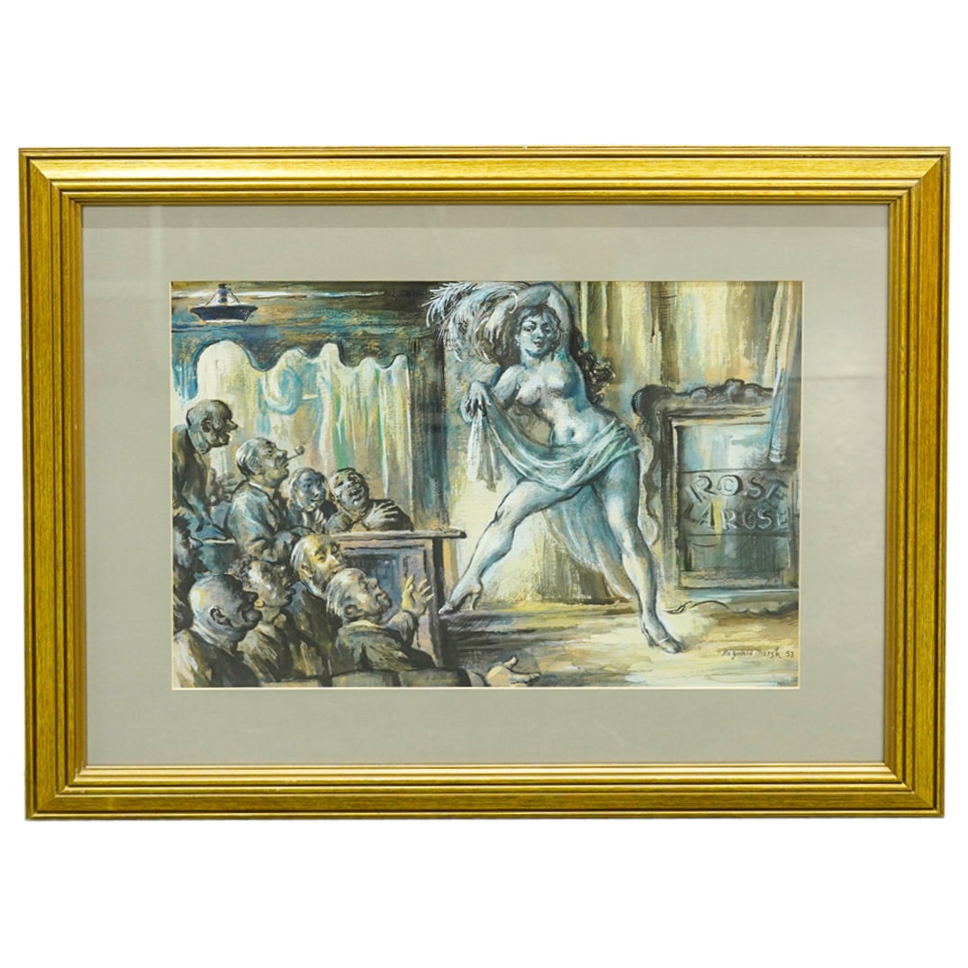 Reginald Marsh (American, 1898-1954) "Rose La Rose" Watercolor And Gouache On Paper: DESCRIPTION: Watercolor and gouache on paper entitled "Rose La Rose" by Reginald Marsh depicting a burlesque dancer performing onstage for an audience of men. Signed and dated at lower right. Mounted