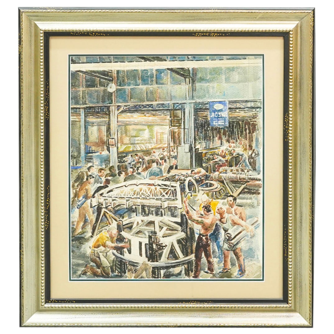Reginald Marsh (American, 1898-1954) Factory Floor Watercolor: DESCRIPTION: Watercolor on paper painting by Reginald Marsh (American, 1898-1954) depicting men on a factory floor. Signed and dated "Marsh 37" at lower right. CIRCA: 1937 ORIGIN: American DIMENSIONS: