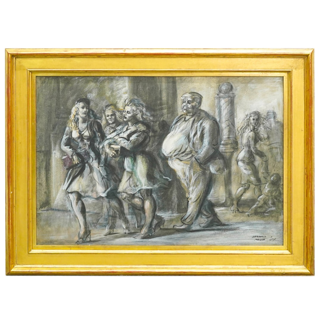 Reginald Marsh (American, 1898-1954) "Bowery Bums, Babes, and Barber Poles" Watercolor, Ink, Gouache: DESCRIPTION: Watercolor, ink, and gouache on paper entitled "Bowery Bums, Babes, and Barber Poles" by Reginald Marsh depicting a street scene populated by a fat man observing three women near a barber