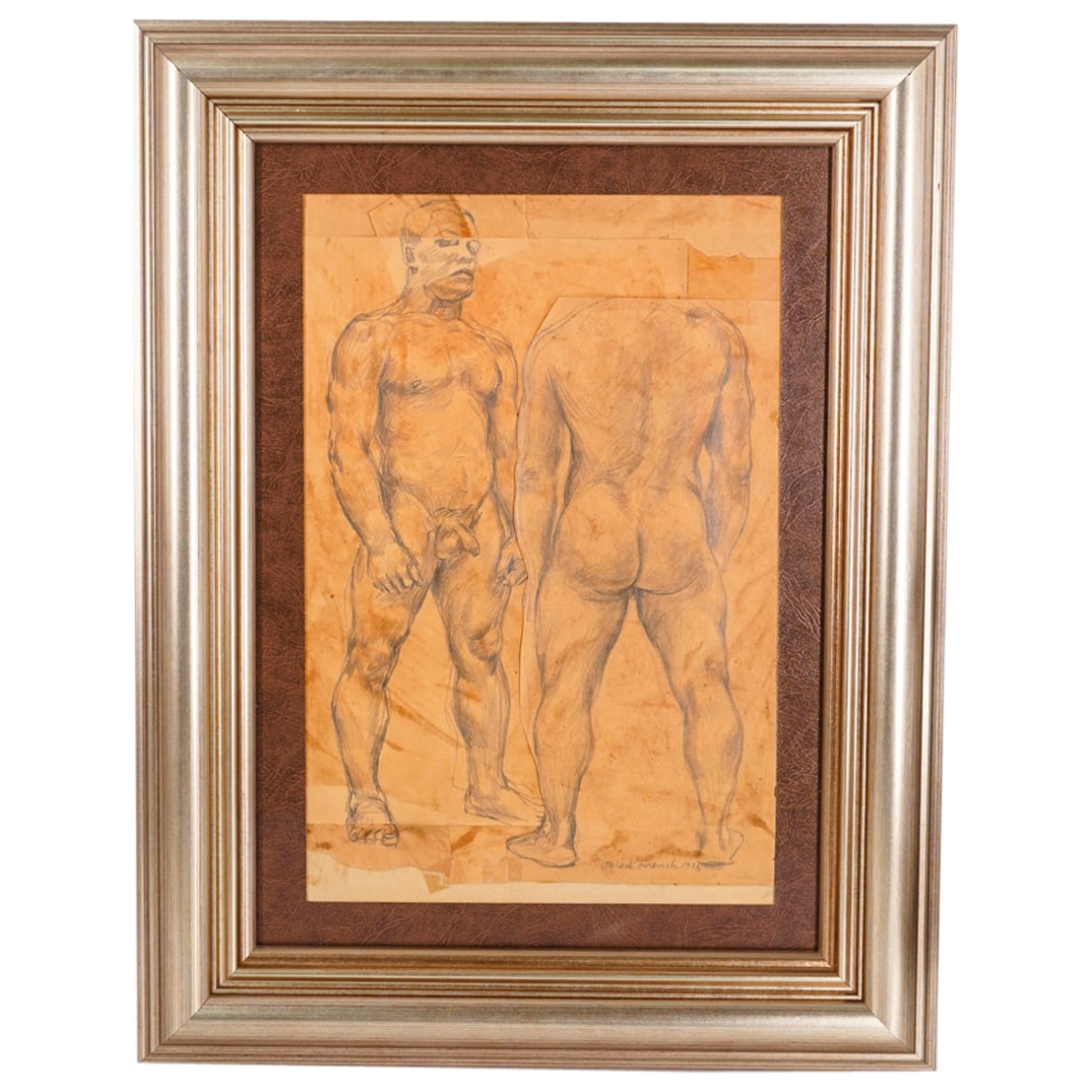 Jared French (American, 1905-1987) 1935 Pencil on Paper Figure Studies: DESCRIPTION: Jared French (American, 1905-1987) Pencil on paper figural studies featuring the depiction of a nude male, signed and dated (Lower Right) 'Jared French, 1936' mounted in silver leaf frame
