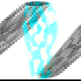 Murano Toni Zuccheri (1937-2008) For Vetraria De Majo Blown Glass Vase: DESCRIPTION: Toni Zuccheri (Italian, 1937-2008) for Vetraria De Majo Murano Blown Glass Vase, in colorless glass, modeled with turquoise and purple decoration, signed and dated de Majo Murano 1990 TEZ