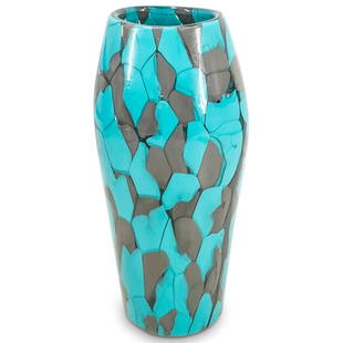 Murano Toni Zuccheri (1937-2008) For Vetraria De Majo Blown Glass Vase: DESCRIPTION: Toni Zuccheri (Italian, 1937-2008) for Vetraria De Majo Murano Blown Glass Vase, in colorless glass, modeled with turquoise and purple decoration, signed and dated de Majo Murano 1990 TEZ