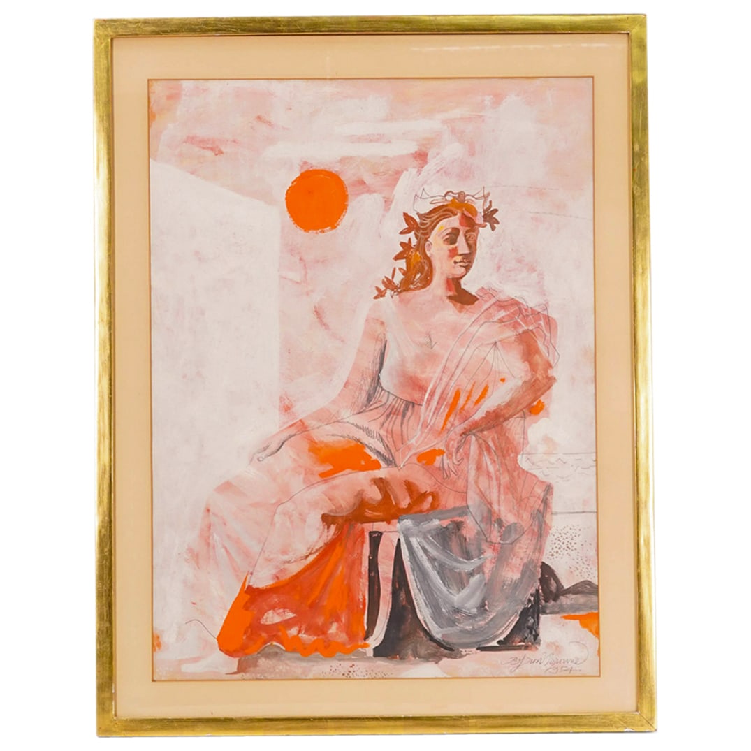 Byron Browne (American, 1907-1961) "Classical Woman" Ink & Gouache On Paper: DESCRIPTION: Ink and gouache on paper painting by Byron Browne (American, 1907 - 1961) entitled "Classical Woman". Signed and dated "Byron Browne 1954) at lower right. Title inscribed at reverse. Prov