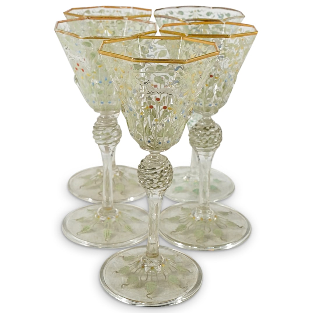 (5 Pc) Venetian Gilt And Enameled Blown Glass Sherry Glasses (1 of 5)
