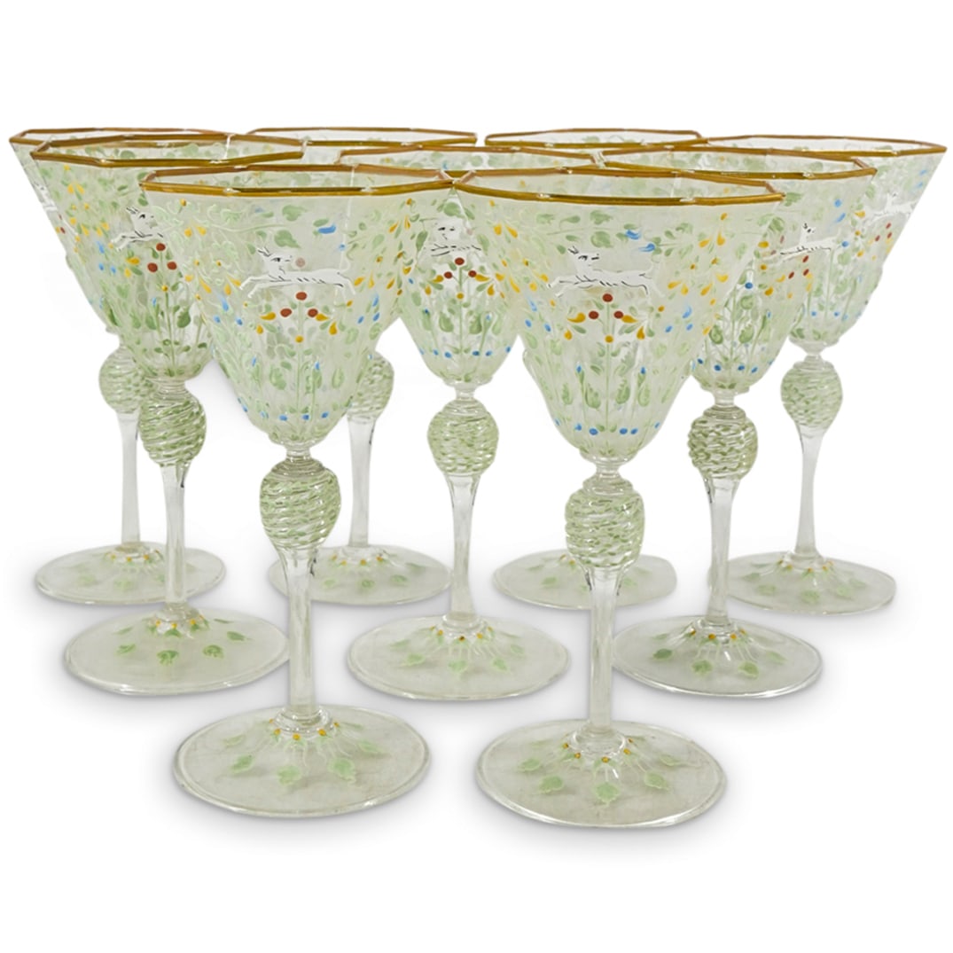 (9 Pc) Venetian Gilt And Enameled Blown Glass Wine Glasses: DESCRIPTION: Each decorated with deer and foliage, the bowls of octagonal form, and with gilt decorated rims. CIRCA: Early - Mid 20th Century ORIGIN: Italian DIMENSIONS: H: 7.25" W: 3.5-3.75" L: 3.5-3