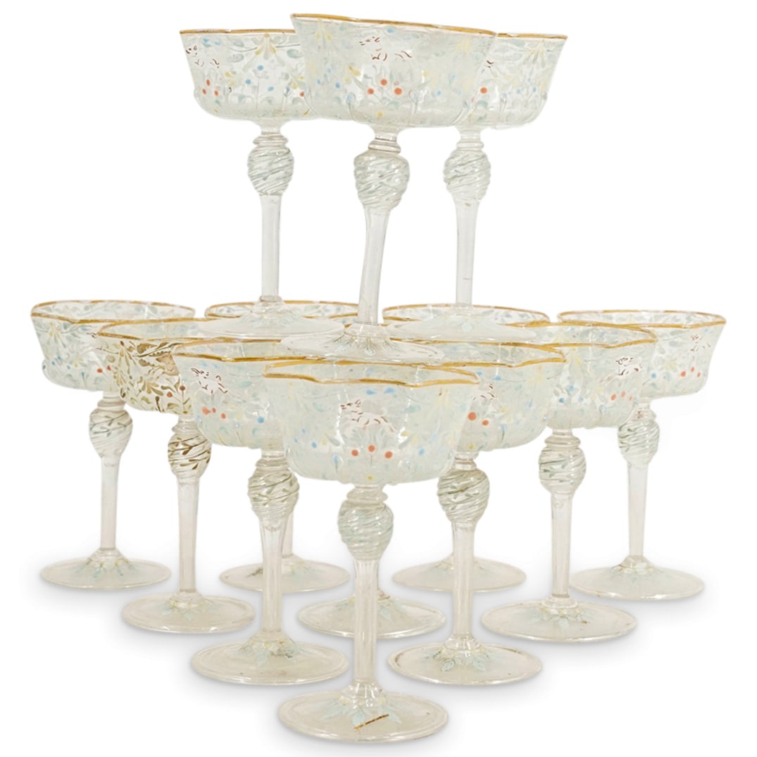 (13 Pc) Venetian Gilt and Enameled Blown Glass Champagne Coupes (1 of 7)