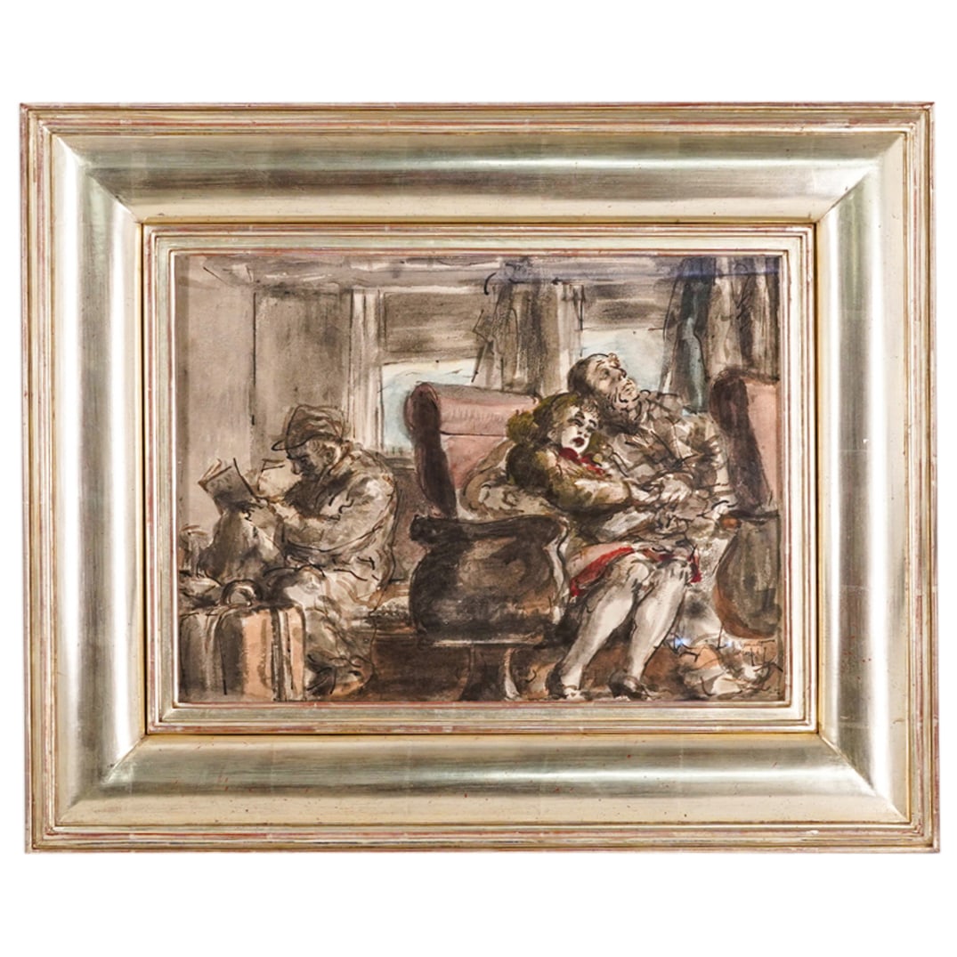 Reginald Marsh (American, 1898-1954) Passengers In A Train Car Watercolor, Ink & Pencil On Paper: DESCRIPTION: Watercolor, ink and pencil on paper painting by Reginald Marsh (American, 1898-1954) depicting three passengers in a train car. Signed "Reginald Marsh" at lower right. Provenance: Christi