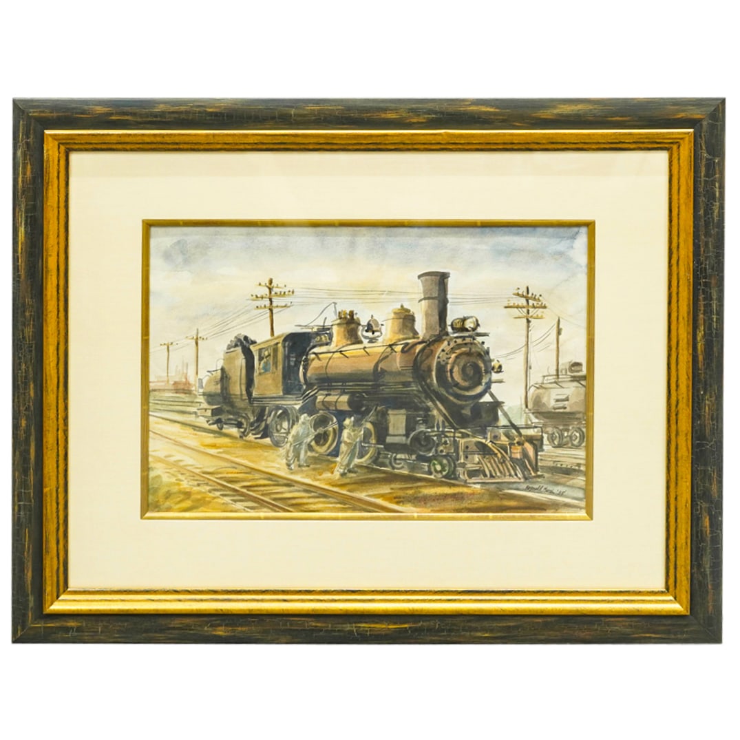 Reginald Marsh (American, 1898-1954) Train Maintenance Watercolor: DESCRIPTION: Watercolor on paper painting by Reginald Marsh (American, 1898-1954) depicting two figures performing maintenance on a locomotive. Signed and dated "Reginald Marsh '38" at lower right. CI