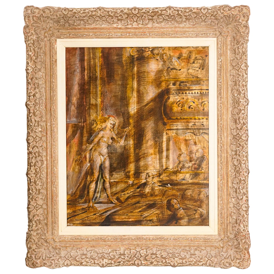 Reginald Marsh (American, 1889-1954) Burlesque Gouache On Panel: DESCRIPTION: Gouache on panel by Reginald Marsh depicting a burlesque performance in a theater. Signed at lower left and lower right. mounted in a gilt wooden frame. Christie's sticker present on vers