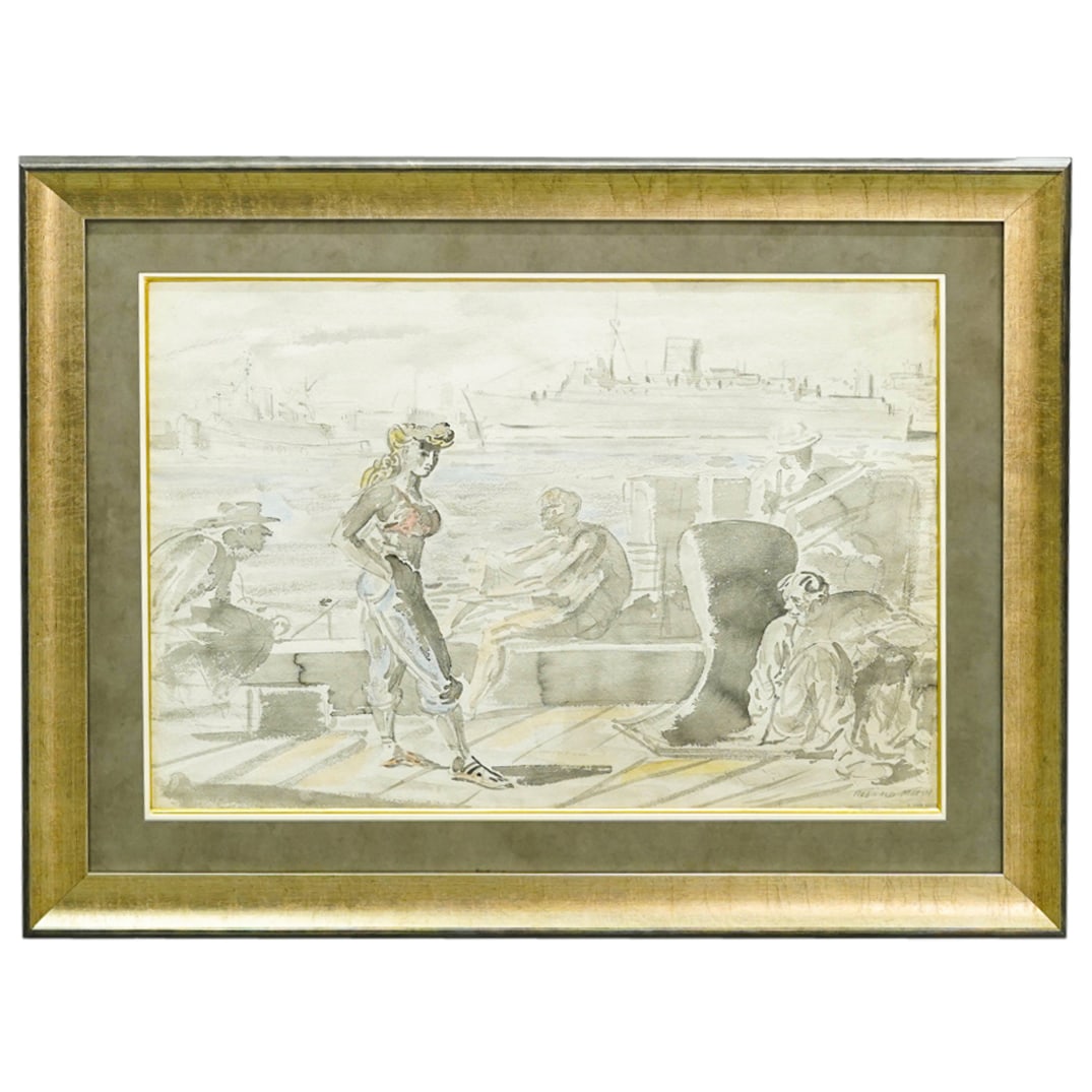 Reginald Marsh (American, 1898-1954) Waterfront Scene Watercolor, Ink & Pencil On Paper: DESCRIPTION: Watercolor, ink and pencil on paper painting by Reginald Marsh (American, 1898-1954) depicting a woman and four men, with ships in the background. Signed "Reginald Marsh" at lower right.