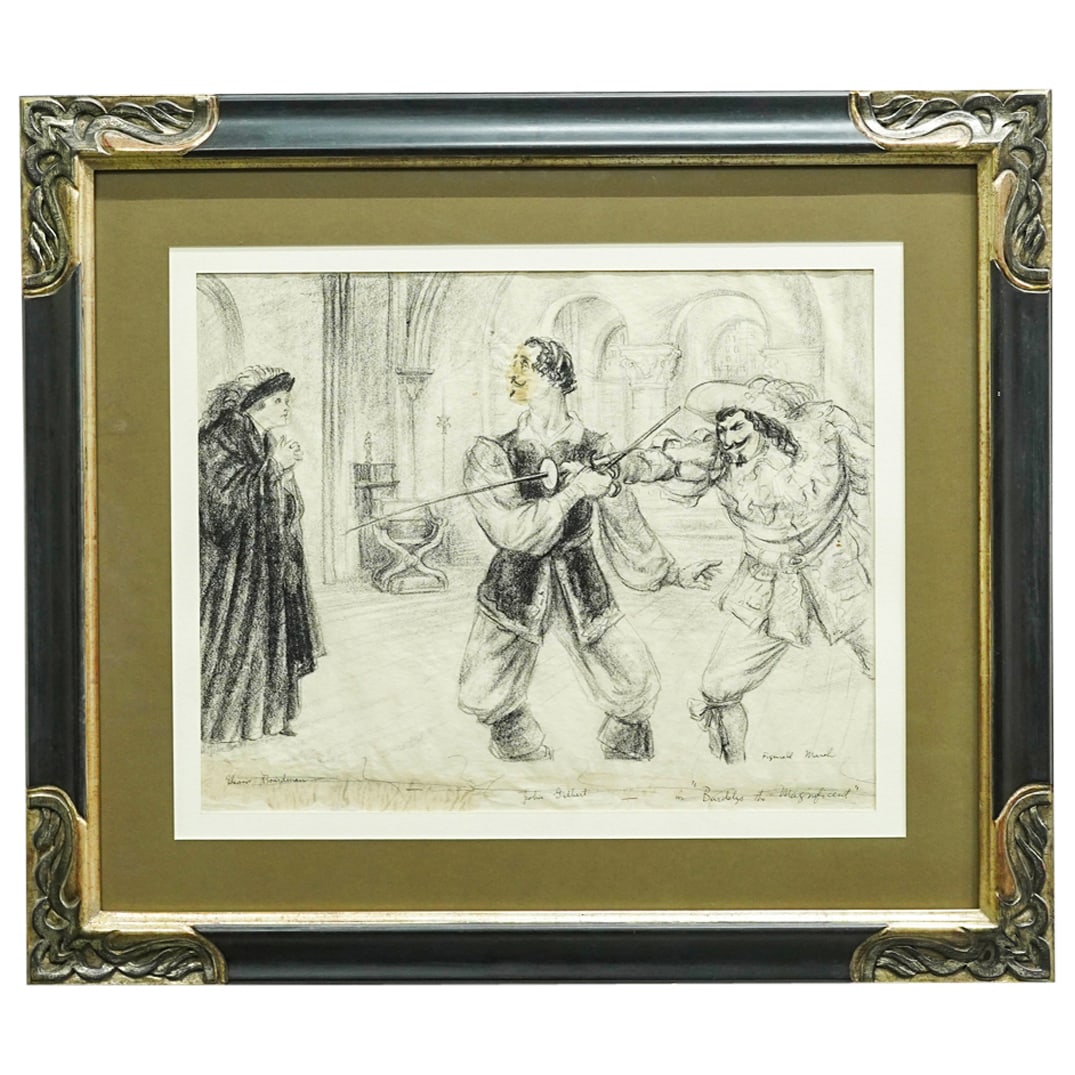 Reginald Marsh (American, 1889-1954) Eleanor Boardman & John Gilbert Charcoal on Paper: DESCRIPTION: Reginald Marsh (American, 1889-1954) Eleanor Boardman & John Gilbert 'In Barkleys the Magnificent' charcoal on paper composition, signed (Lower Right) "Reginald Marsh" mounted in frame. L