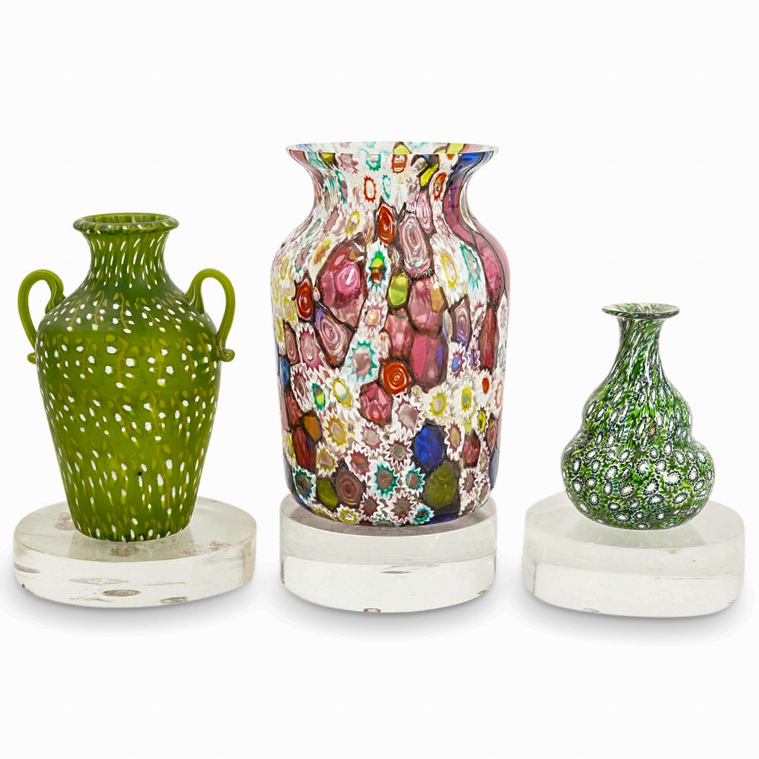 (3 Pc) Murano Millefiori Blown Glass Vases (1 of 8)