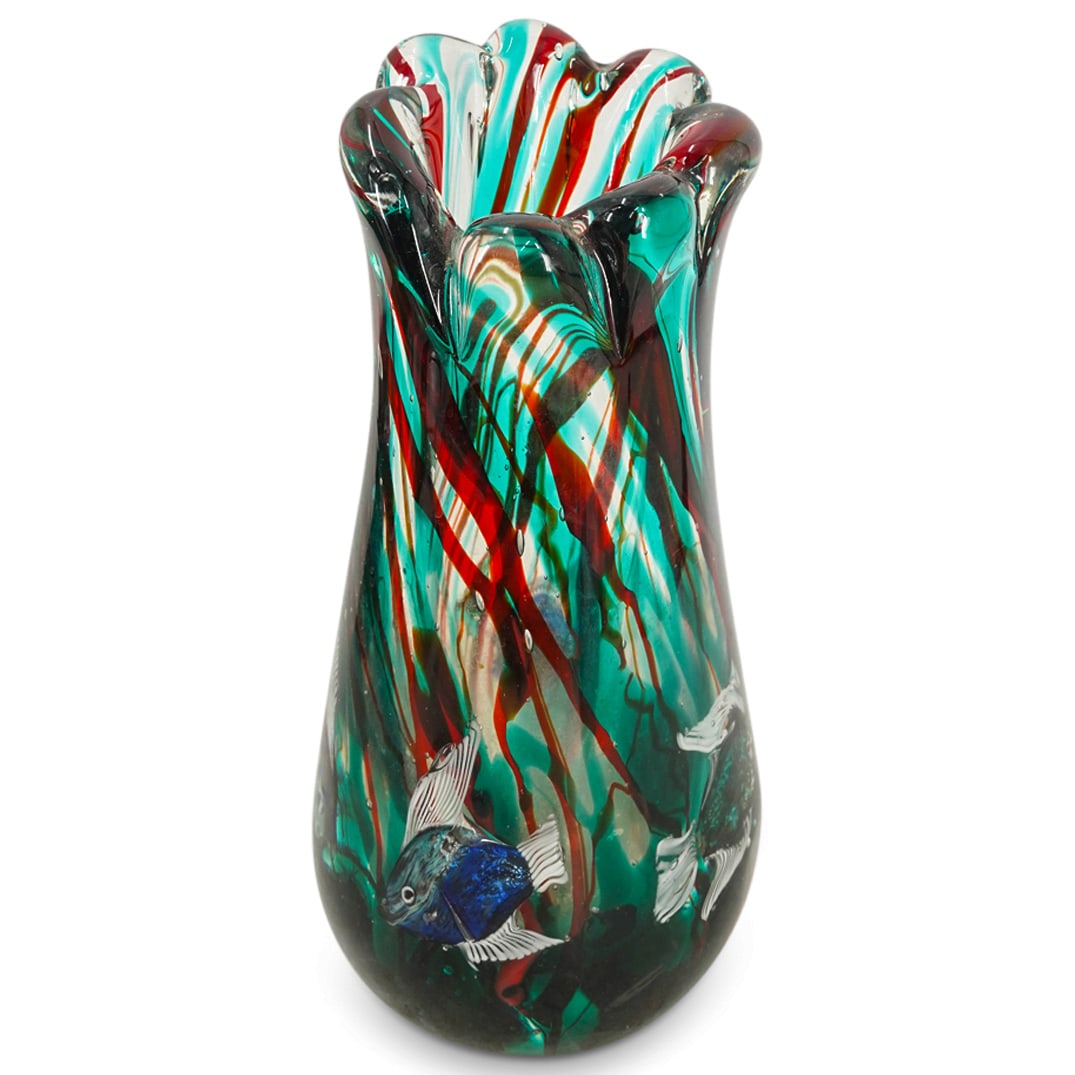 Attrib. Barbini For Cenedese Murano Blown & Internally Decorated Glass Aquarium Vase: DESCRIPTION: In colorless, turquoise and red glass, decorated with fish. Unsigned. CIRCA: Mid - Late 20th Century ORIGIN: Italian DIMENSIONS: H: 14" Diameter: 6.75" CONDITION: Minor scratches in spots