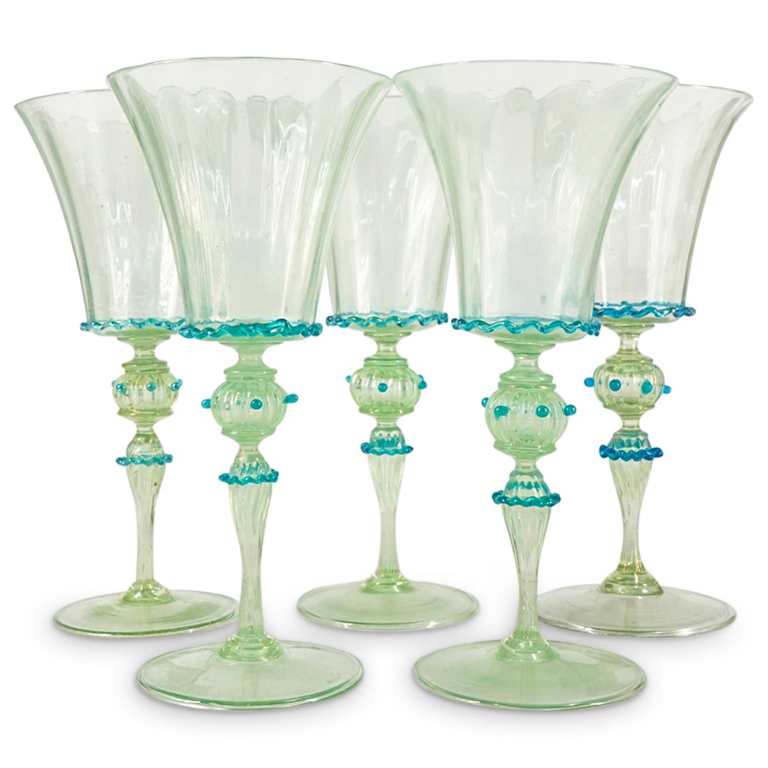 (5 Pc) Murano Blown Wine Glasses: DESCRIPTION: Five Murano glass wine glasses, possibly by Salviati, each in green iridized glass with applied blue collars and beads. CIRCA: 20th Century ORIGIN: Italy DIMENSIONS: H: 8.25" D: 4" CONDIT