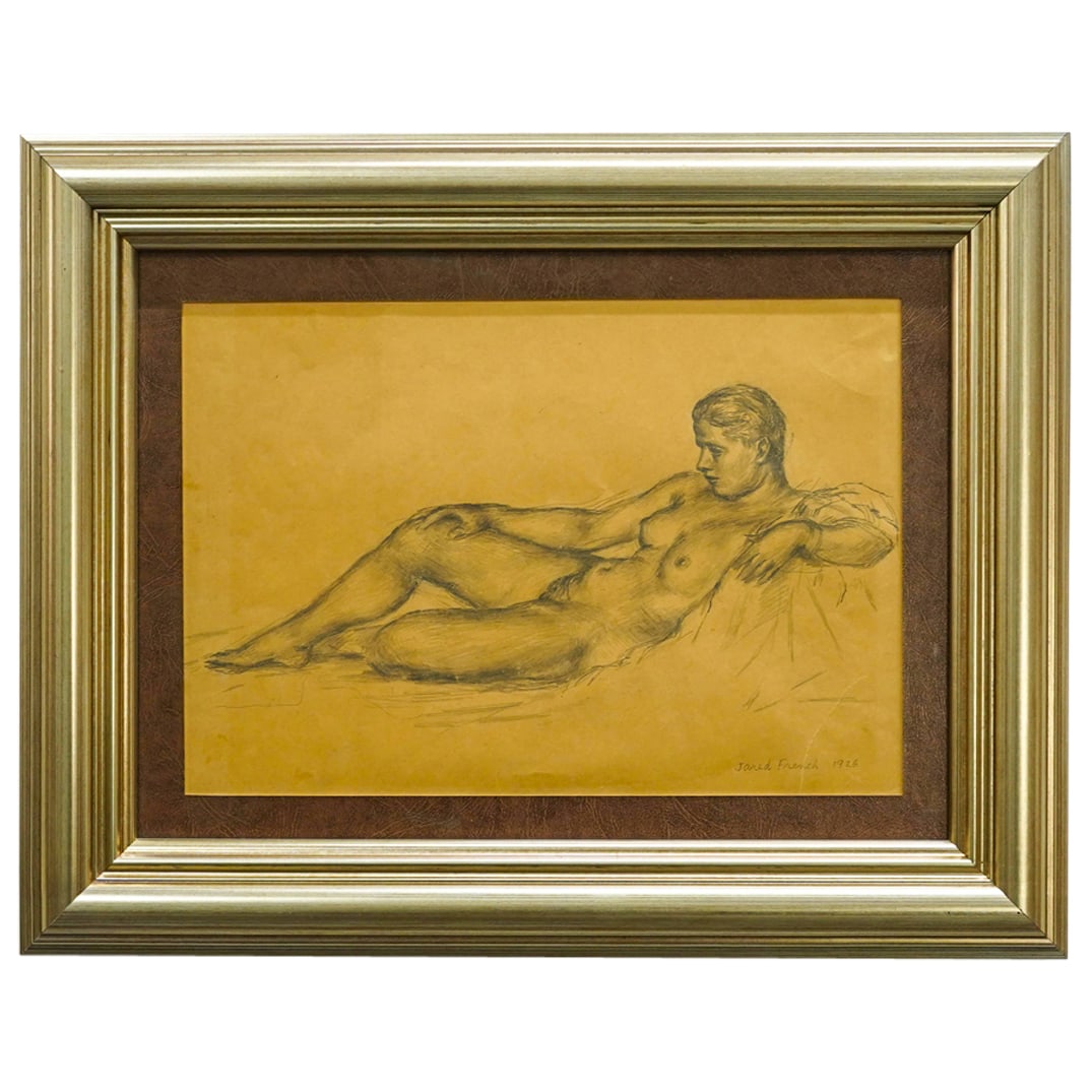 Jared French (American, 1905-1987) "Nude at Rest" Sketch: DESCRIPTION: Graphite on paper sketch by Jared French depicting a reclining nude woman. Signed and dated at lower right. Mounted in a silver tone frame. CIRCA: 1926 ORIGIN: USA DIMENSIONS: With frame