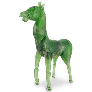 Attr. to Pino Signoretto Murano Corroso Art Glass Horse Figure Sculpture: DESCRIPTION: Murano Corroso Glass Figure of a Horse attributed to Pino Signoretto dated early 1980s. Modeled standing, with straight legs, in transparent green colored glass, with a corroded finish, u