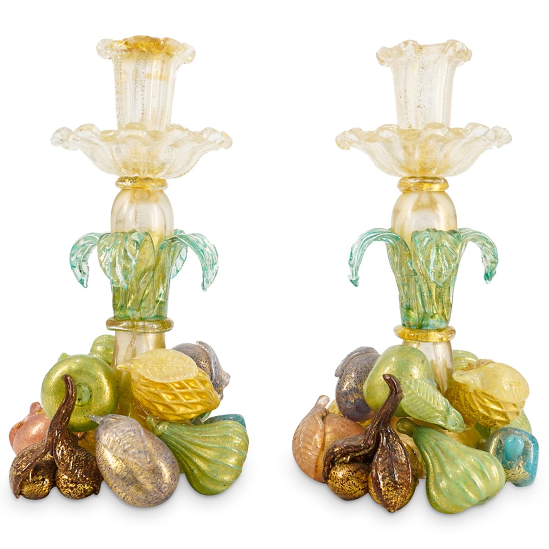 Pair Of Attr. To Barovier Murano Glass Fruit Cluster Leafy Candlesticks (1 of 7)