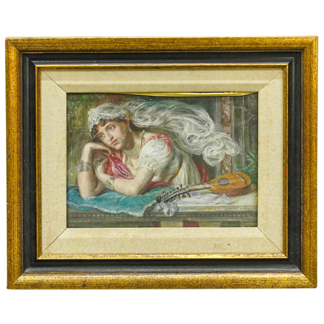 19th Century European School Woman W/ Lute Gouache On Board (1 of 4)