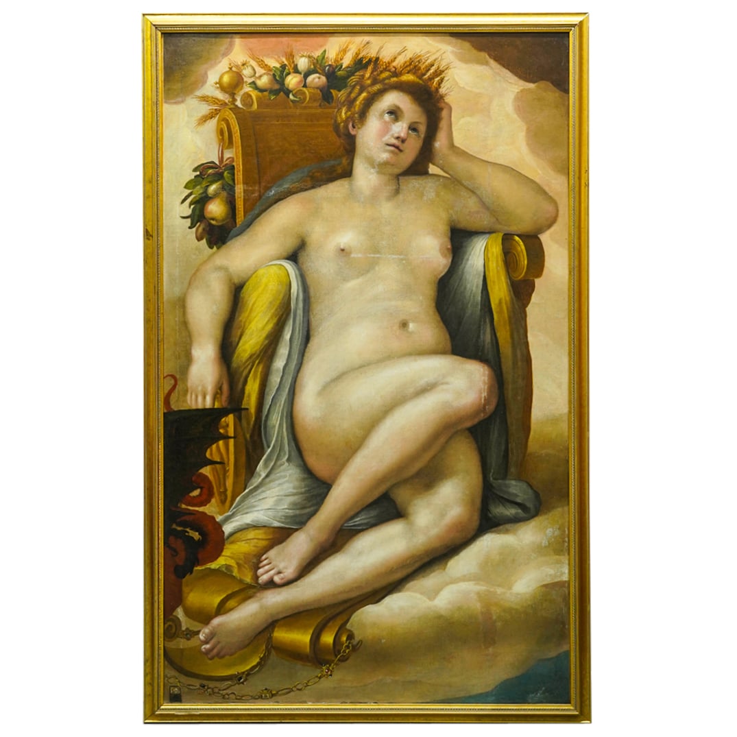 (European School) Large Antique Oil on Canvas Painting of Demeter: DESCRIPTION: (European School) Large antique oil on canvas painting of Demeter, posed nude in throne with fruit harvest wreath details, mounted in gilt frame. Labels from Christie's auctions at verso.