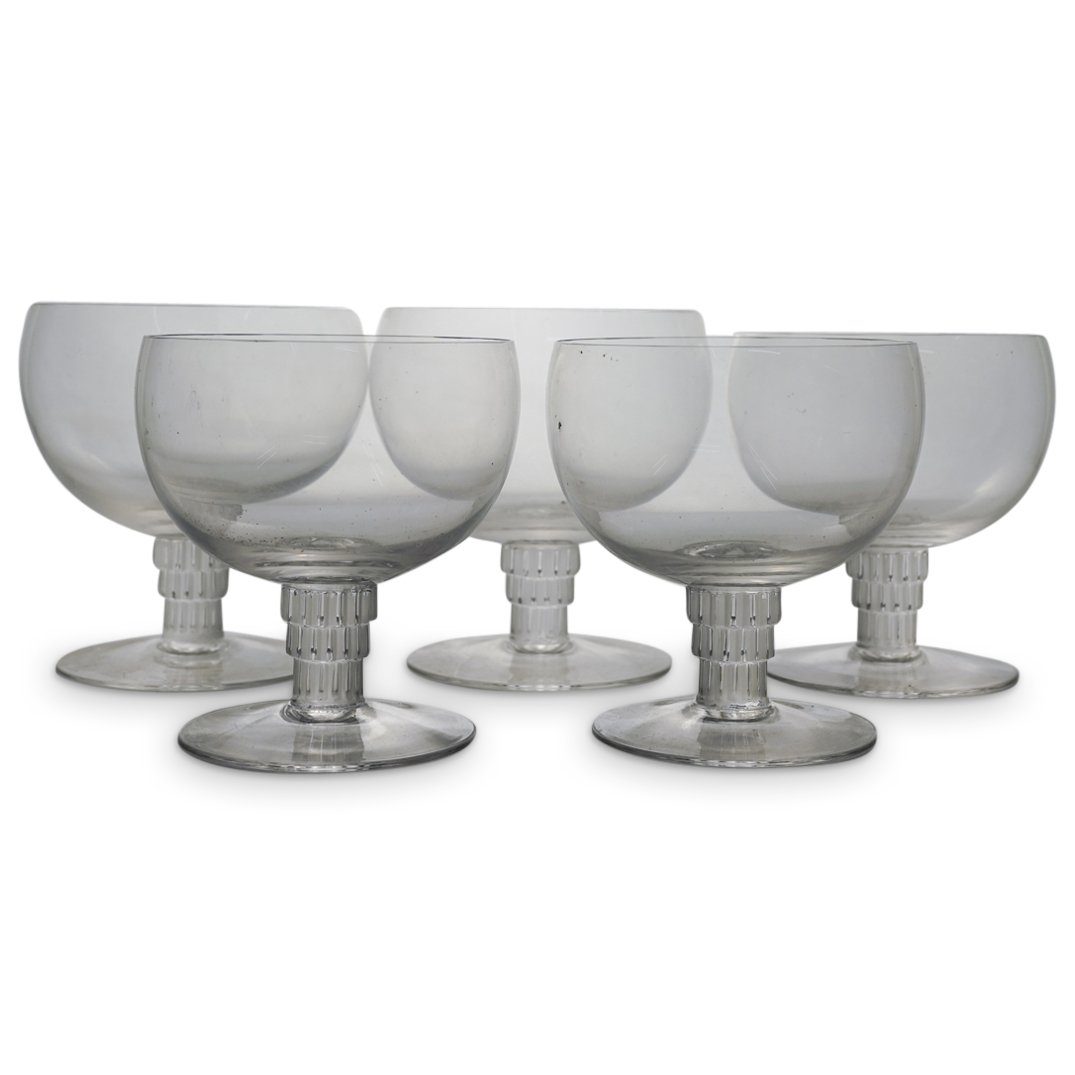(5 Pc) Rene Lalique Short Stemmed Goblets: DESCRIPTION: Five short stemmed goblets by Rene Lalique, each featuring a partially frosted, three tiered stem and marked "Lalique France" on underside. CIRCA: 20th Century ORIGIN: France DIMENSIONS: