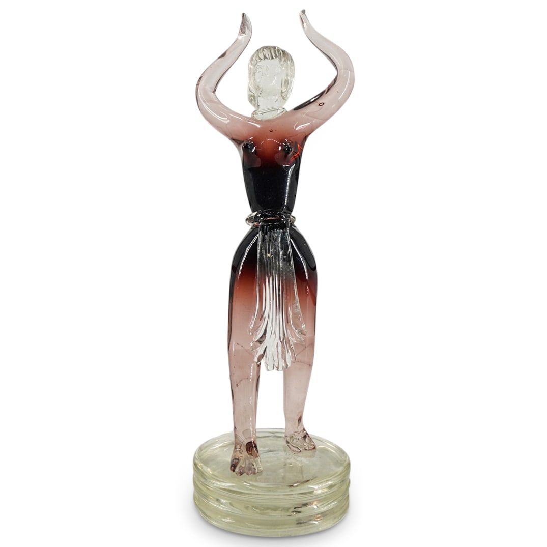 Murano Glass Figure Of A Dancer: DESCRIPTION: In amethyst and colorless glass, modeled in a standing pose, in the nude, with her arms raised over her head, atop a circular base. Unsigned. CIRCA: 20th century or later ORIGIN: Italian 