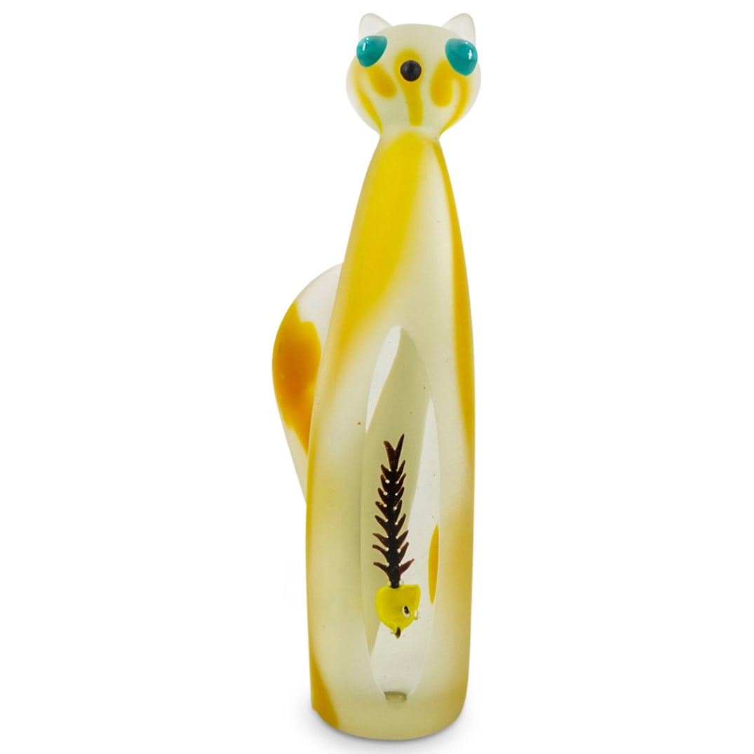 Frosted Glass Figure Of A Cat: DESCRIPTION: Frosted glass figure of a cat fashioned in colorless, white, and yellow glass featuring turquoise tone eyes and a window in its body depicting a digested fish in its stomach. CIRCA: 20th 