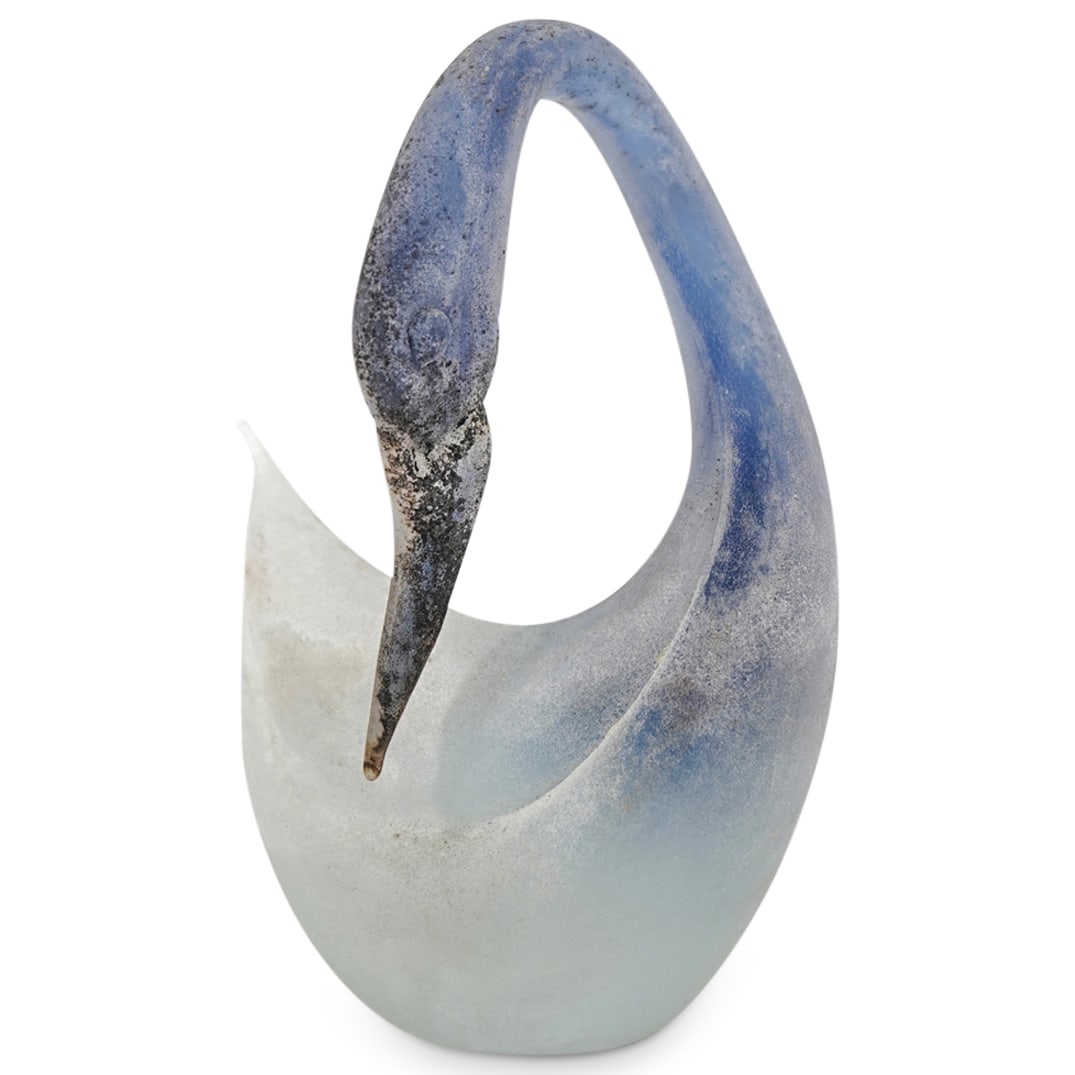 Attrib. Cenedese Murano Scavo Glass Figure Of A Swan: DESCRIPTION: Murano scavo glass figure of a swan attributed to Cenedese, transitioning from blue colored glass at the head and neck to colorless glass at the body, with traces of black on the head and