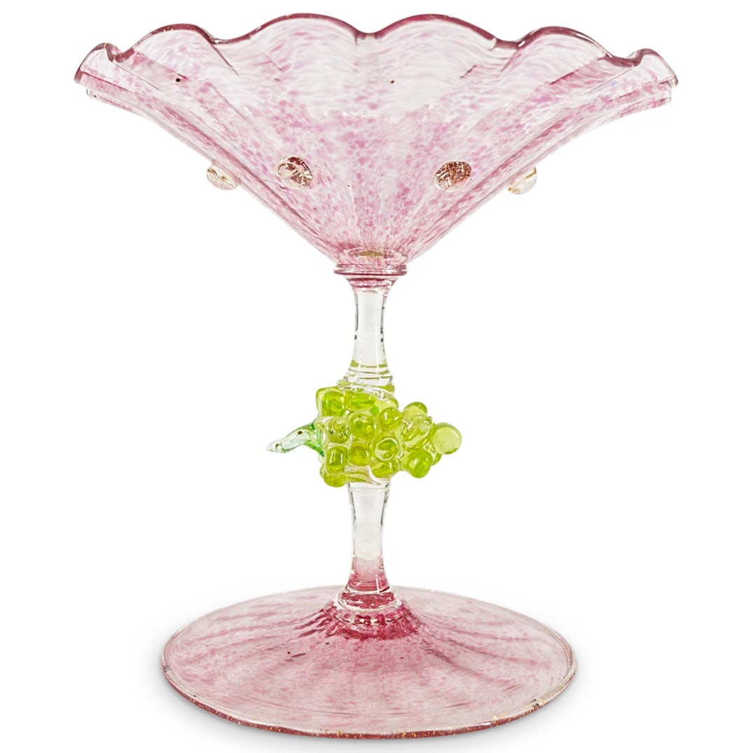 Murano Blown Glass Tazza: DESCRIPTION: Murano Blown Glass Tazza. With a ruffled bowl and grape-decorated stem, in transparent deep pink and green colored glass, the exterior side of the bowl applied with raspberry prunts. CIRC