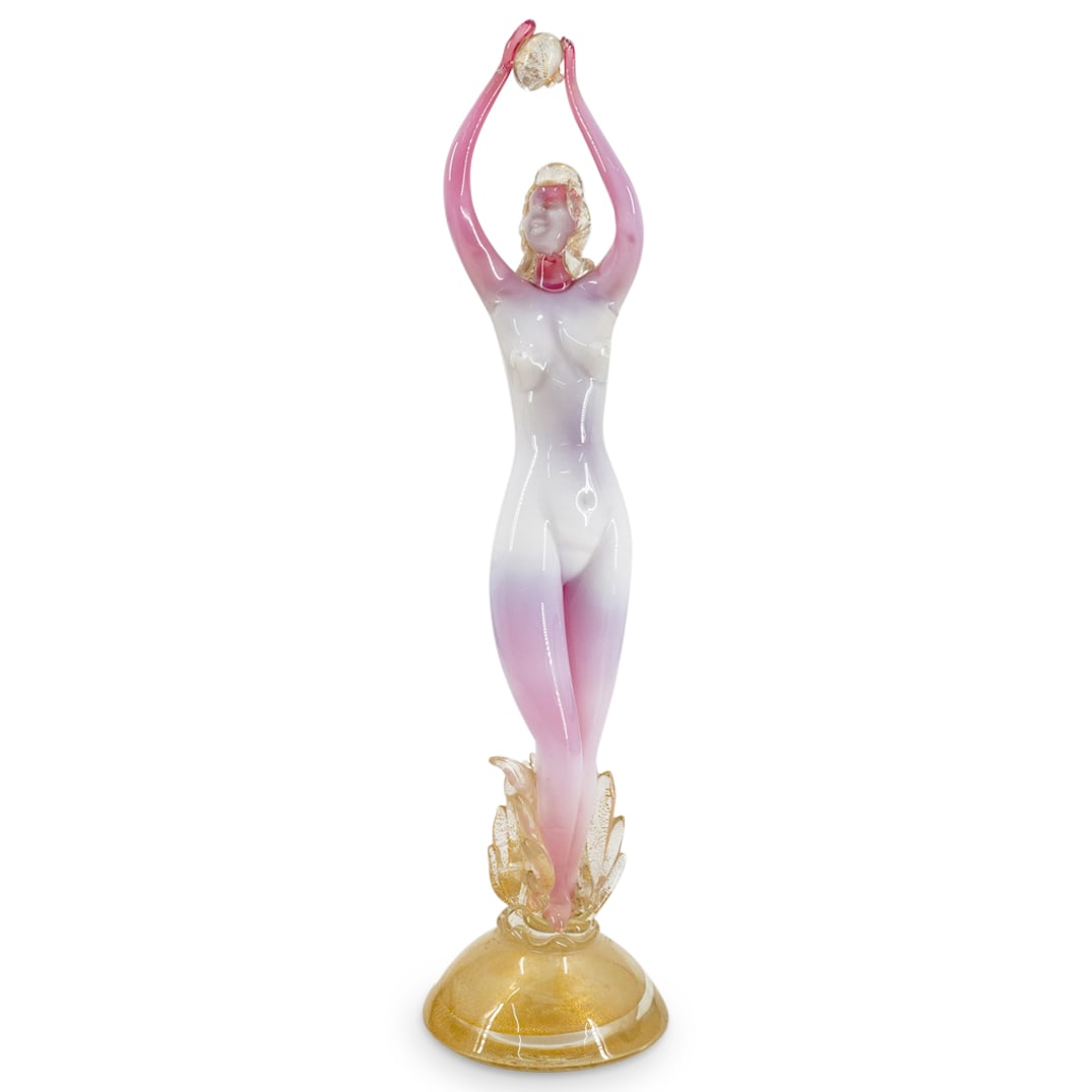 Murano Art Glass Female Nude Figurine Sculpture: DESCRIPTION: Murano Art Glass Female Nude Figurine Sculpture. With a standing pose, in white and pink glass, over a semi dome shaped circular base in clear glass with aventurine gold sparkle accents. 