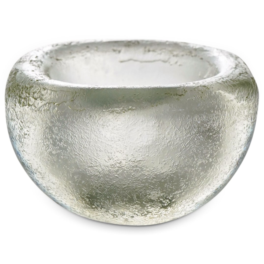 Venini Murano Blown Glass Bowl: DESCRIPTION: In colorless glass. Marked on underside with "Venini Murano Made In Italy". CIRCA: 20th century or later ORIGIN: Italian DIMENSIONS: H: 1.5" W: 2.75" L: 2.75" CONDITION: A flea bite chip 