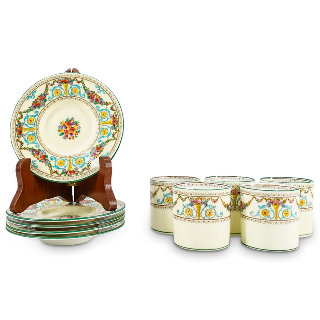 (10 Pc) English Wedgwood Porcelain Demitasse Coffee Cups & Saucers Set: DESCRIPTION: (10 Pc) English Wedgwood Porcelain Demitasse Coffee Cups & Saucers Set. In the "Ventnor" pattern with ivory hued background, depicting fruit urn and fruit swags decorations. This set incl
