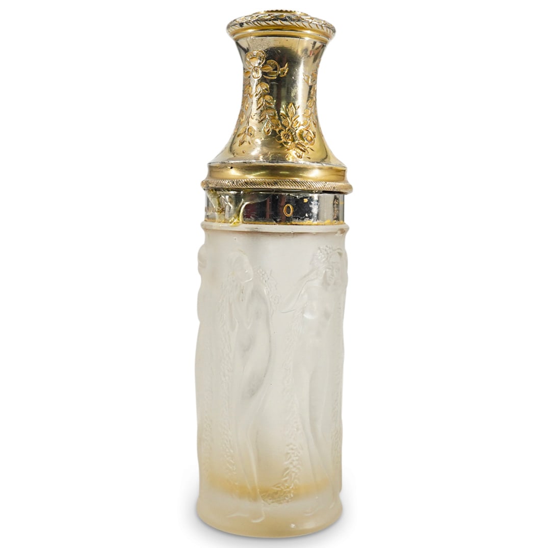 Rene Lalique (French, 1860) "Molinard 1/A" Atomizer: DESCRIPTION: Rene Lalique (French, 1860-1954) "Molinard 1/A" atomizer in clear frosted glass, designed with cylindrical form. Decorated with six standing female nude figures with garland. With gilt me