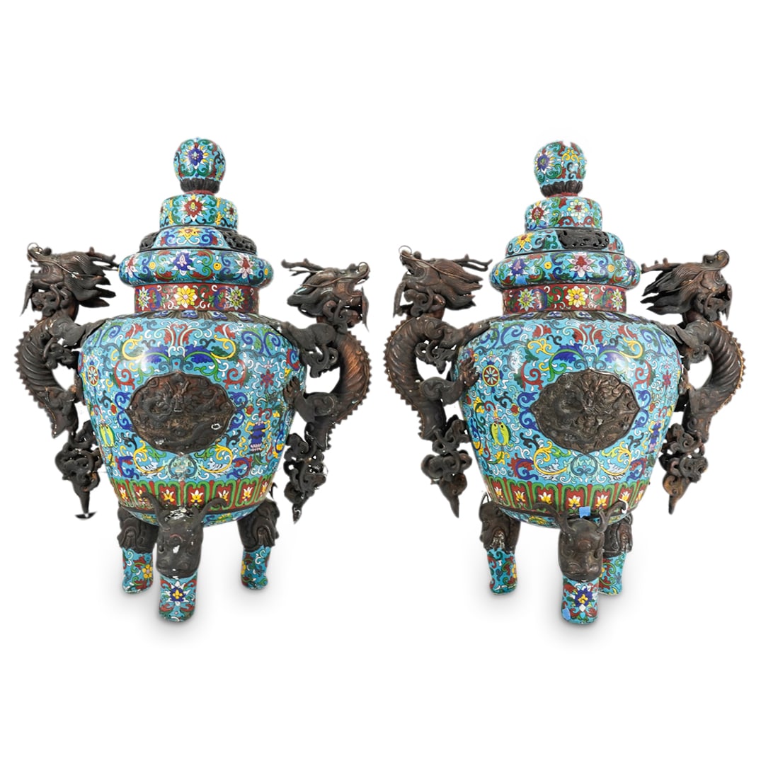 Pair Of Large Chinese Cloisonne Tripod Phoenix & Dragon Censers (1 of 10)