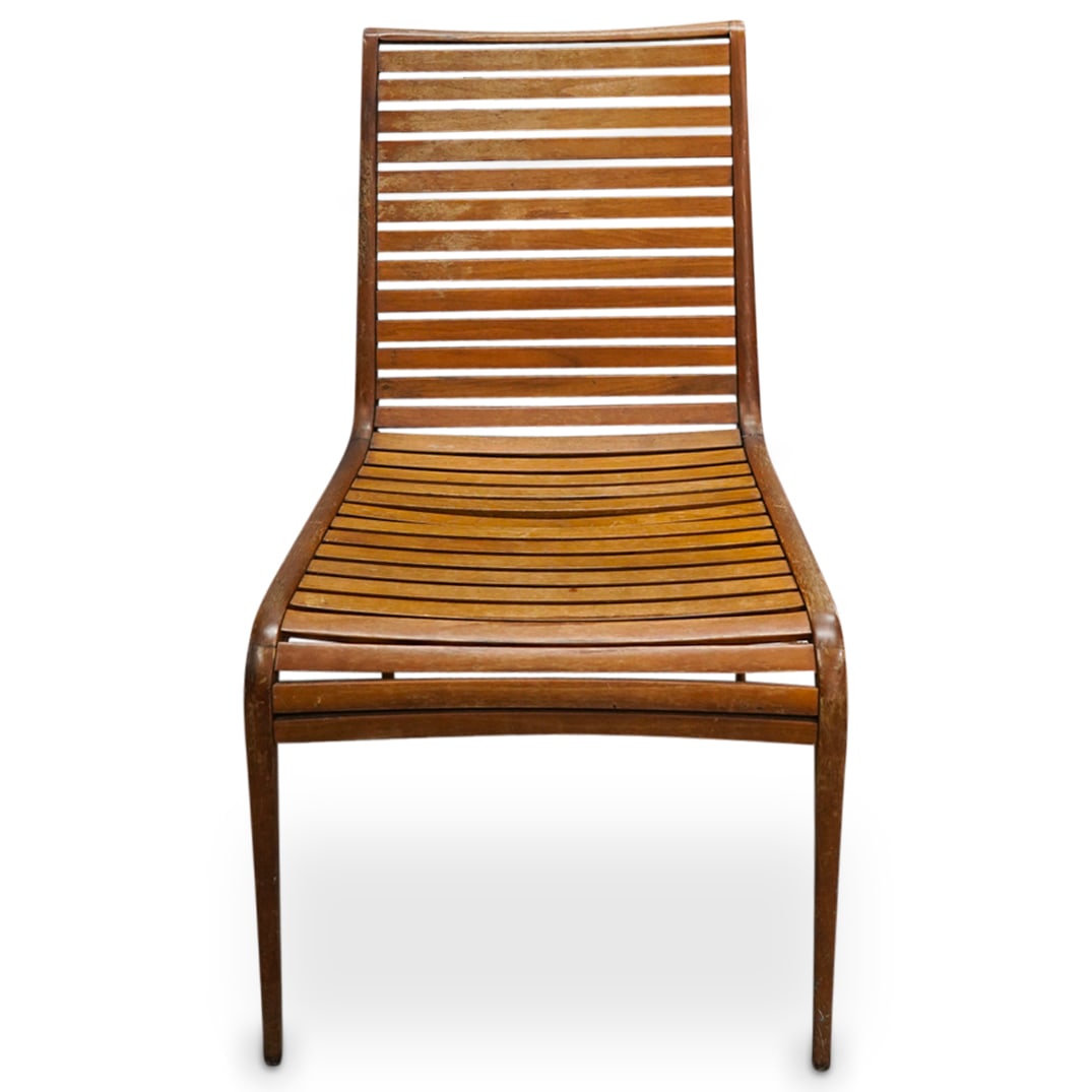 McGuire Mid-Century Teak Chair: DESCRIPTION: McGuire Mid-Century teak chair with curved and ribbed designed. Signed with plaque: 'McGuire, San Francisco' CIRCA: Mid to Late 20th Cent. ORIGIN: USA DIMENSIONS: H: 34.25" x W: 20" x L: 