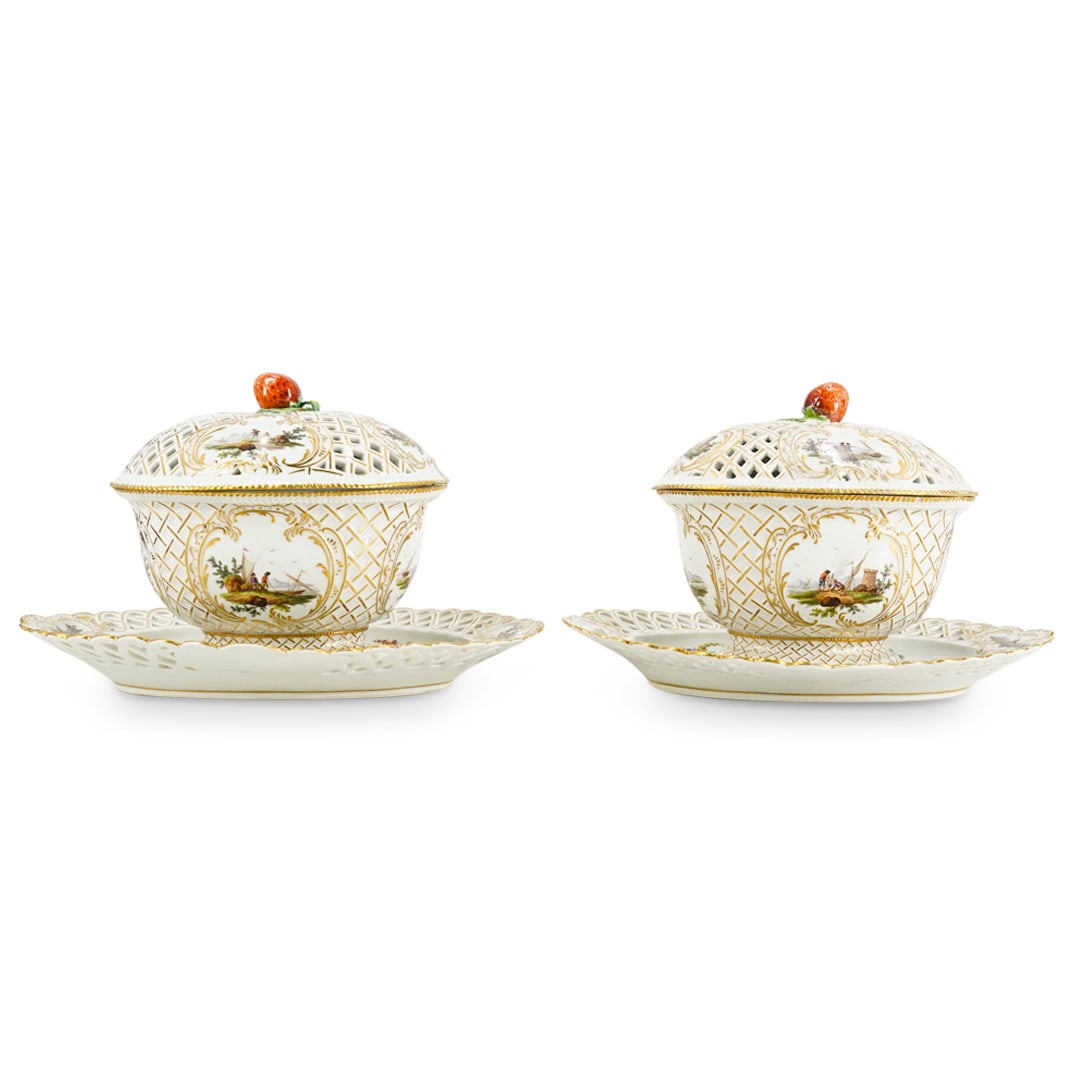 Pair of Meissen Covered Bowls W/ Matching Reticulated Underplates (1 of 10)