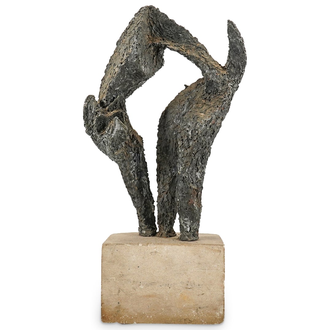 Brutalist Bronze Arching Cat On Concrete Base (1 of 6)