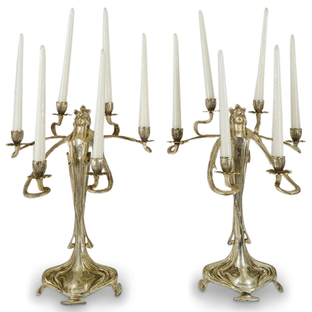 After Achille Gamba Art Nouveau Silver Metal Figural Candelabras (1 of 6)