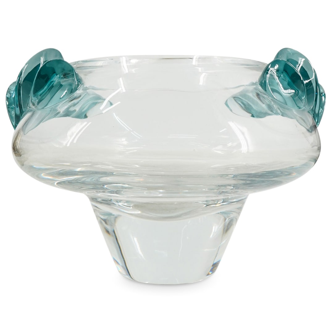 Lalique Crystal "Persepolis" Bowl: DESCRIPTION: Lalique crystal glass "Persepolis" bowl featuring light blue ruffled handles on either side. Signed "Lalique France" on underside of foot. CIRCA: 20th Century ORIGIN: France DIMENSIONS: H