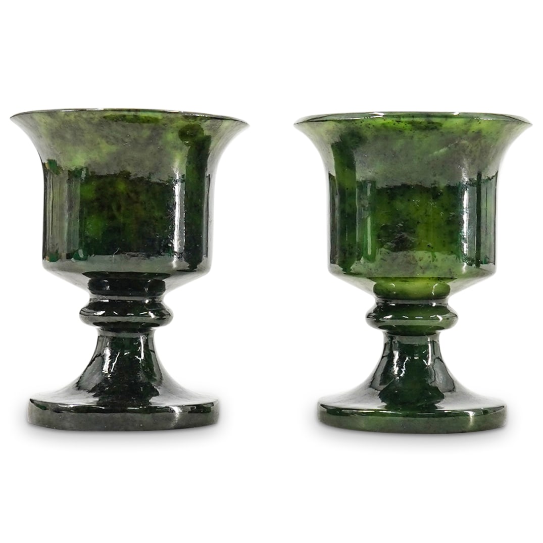 Pair Of Antique Chinese Footed Spinach Jade Cups (1 of 5)