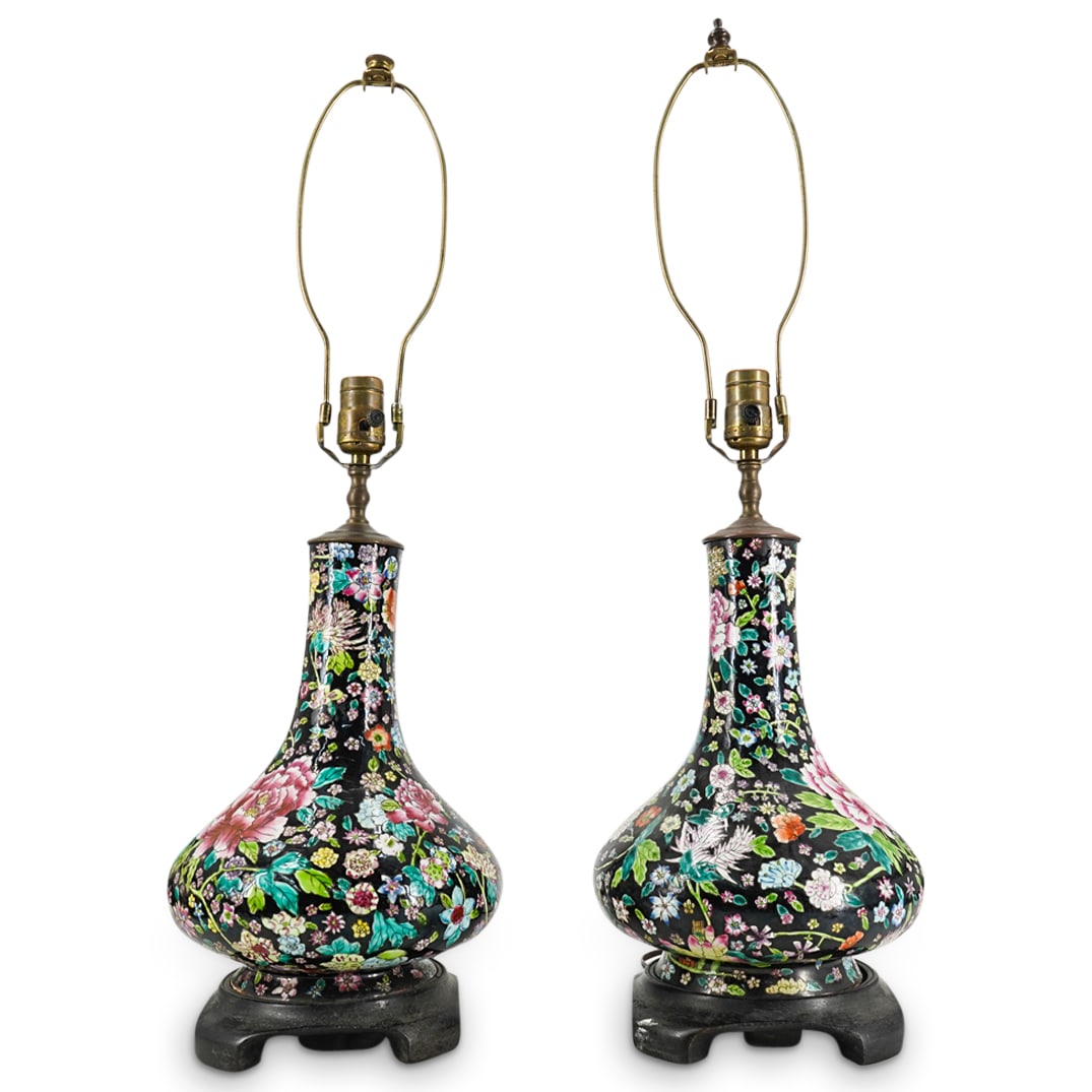 Pair Of Antique Chinese Famille Noire Porcelain Vase Table Lamps (1 of 7)