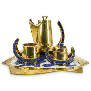 (4 Pc) Prob. Salvador Teran Taxco Polished Brass & Mosaic Stone Coffee/Tea Service 1958: DESCRIPTION: (4 Pc) Prob. by Salvador Teran Taxco handwrought polished brass and mosaic stone coffee and tea service set. Includes: one (1) tray, one (1) tea/coffee pot; one (1) creamer; and one (1) l