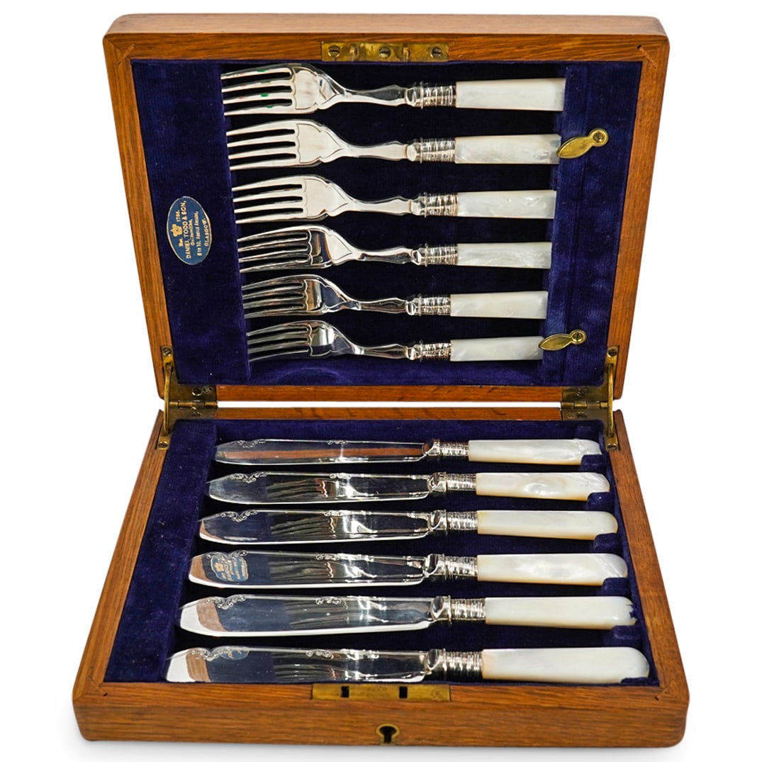 (12 Pc) Mother Of Pearl & Silver Plated Fruit / Cheese Knives (Set of 6) (1 of 11)